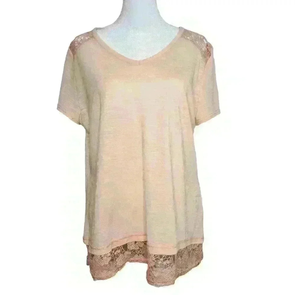 Onyx moda women's light pink lace trim blouse size large